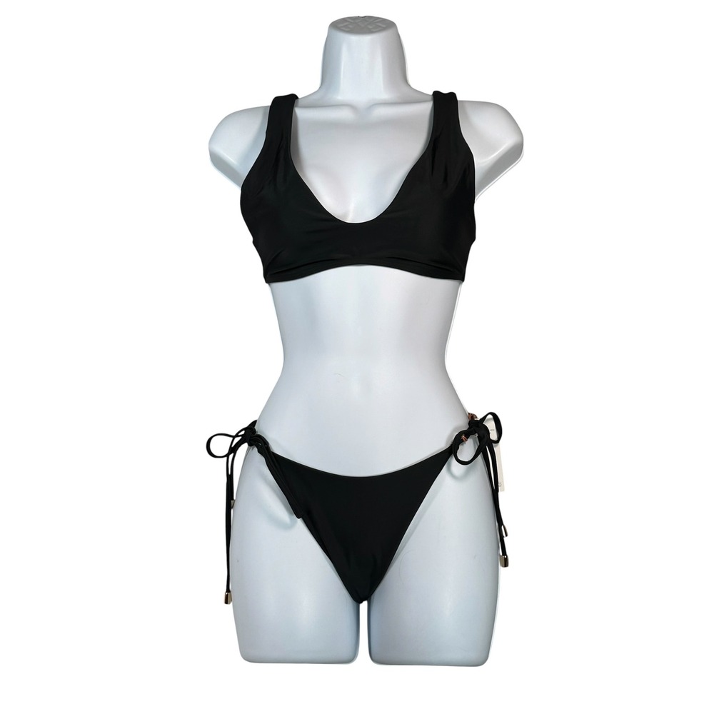 NWT Quince Womens Bikiniā Medium Italian Plunge Top and Side Tie Bottoms Black